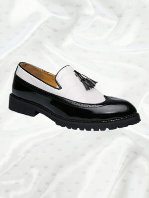 Mocassin cuir vernis à gland noir et blanc pour homme